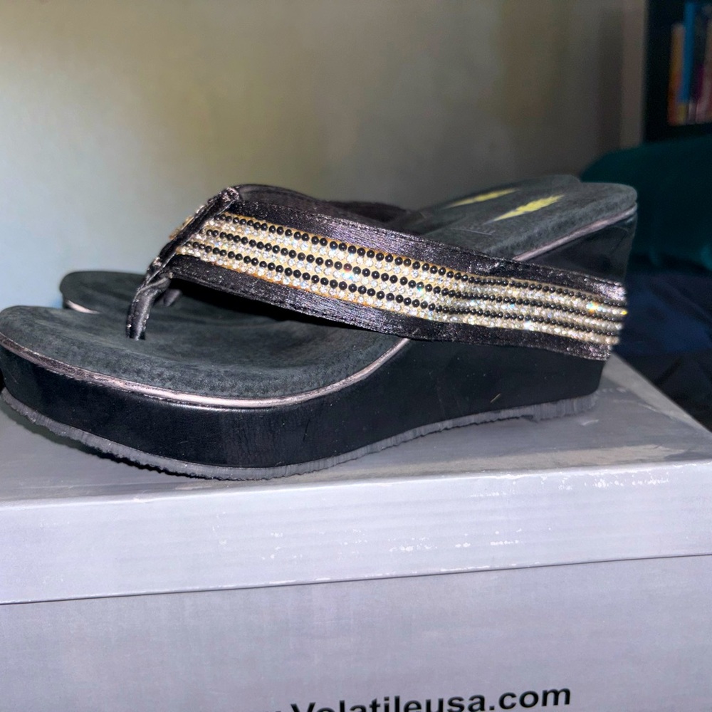 Volatile Black Beaded Wedge Sandals